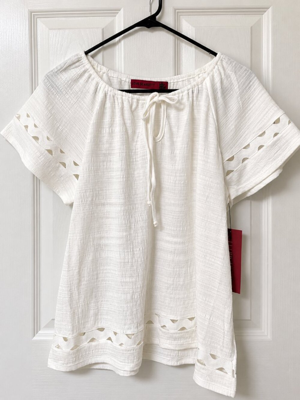 Love Scarlett White Textured Tie Neck Blouse Cutout Trim Short Sleeve